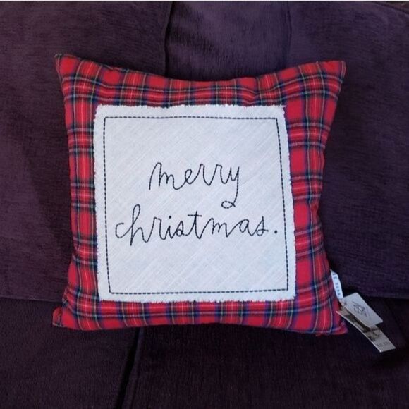 Rae Dunn "Merry Christmas" Checkered Decorative Throw Pillow Holiday Decor - Picture 1 of 8